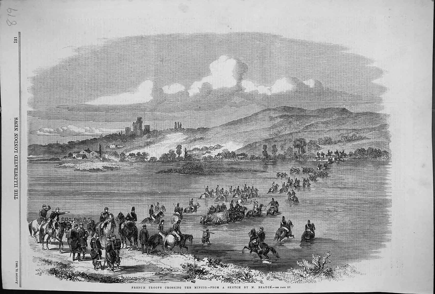 Antique Old Print 1859 French Troops Crossing Mincio River Siers War Horses
