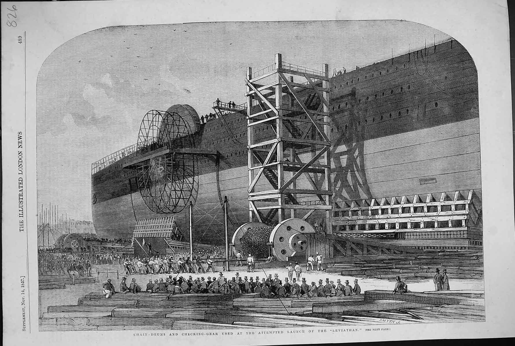 Old Print 1857 Chain Drums Checking-Gear Attempted Launch Leviathan Ship 19th