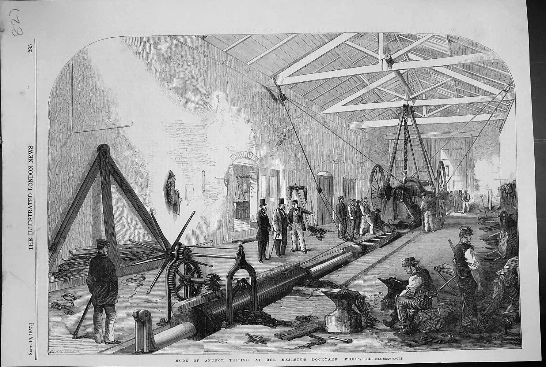 Original Old Antique Print 1857 Mode Anchor Testing Majesty Dockyard Woolwich