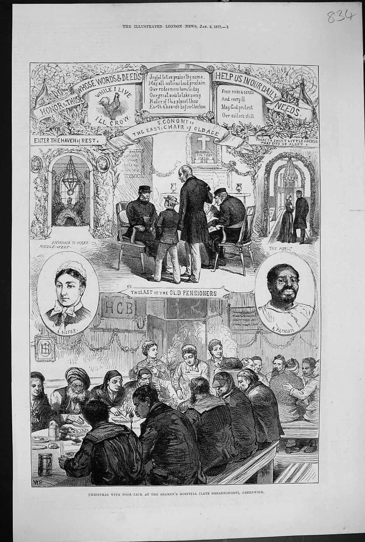 Old 1877 Christmas Poor Jack Seamens Hospital Greenwich Nurse Dreadno Victorian