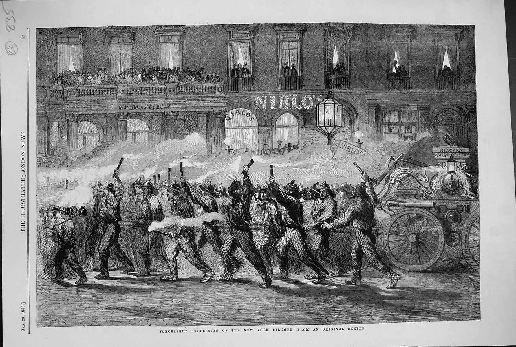 Old 1858 Nibolo'S Theatre Torchlight Procession New York Firemen Fire Victorian