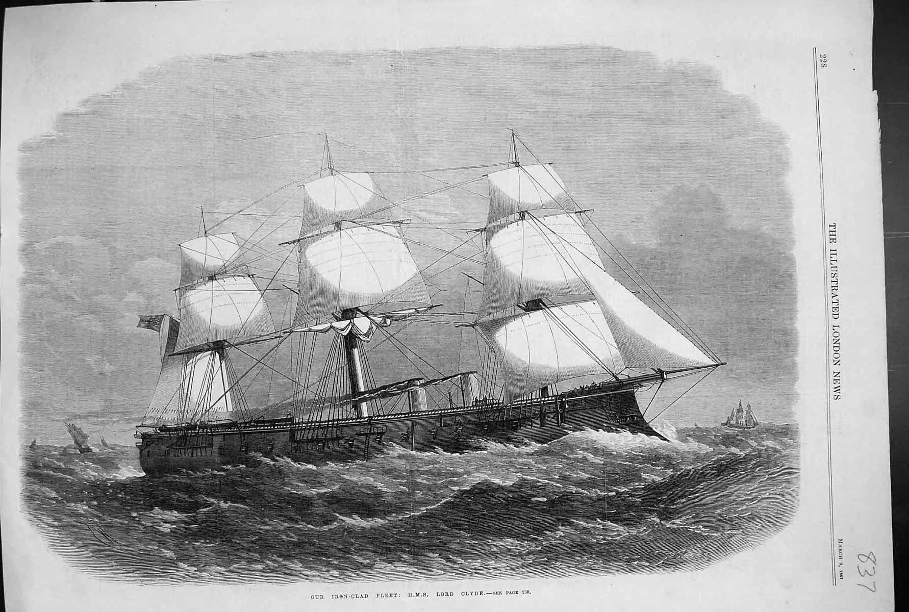 Original Old Antique Print 1867 Iron-Clad Fleet Ships Sea H.M.S. Lord Clyde