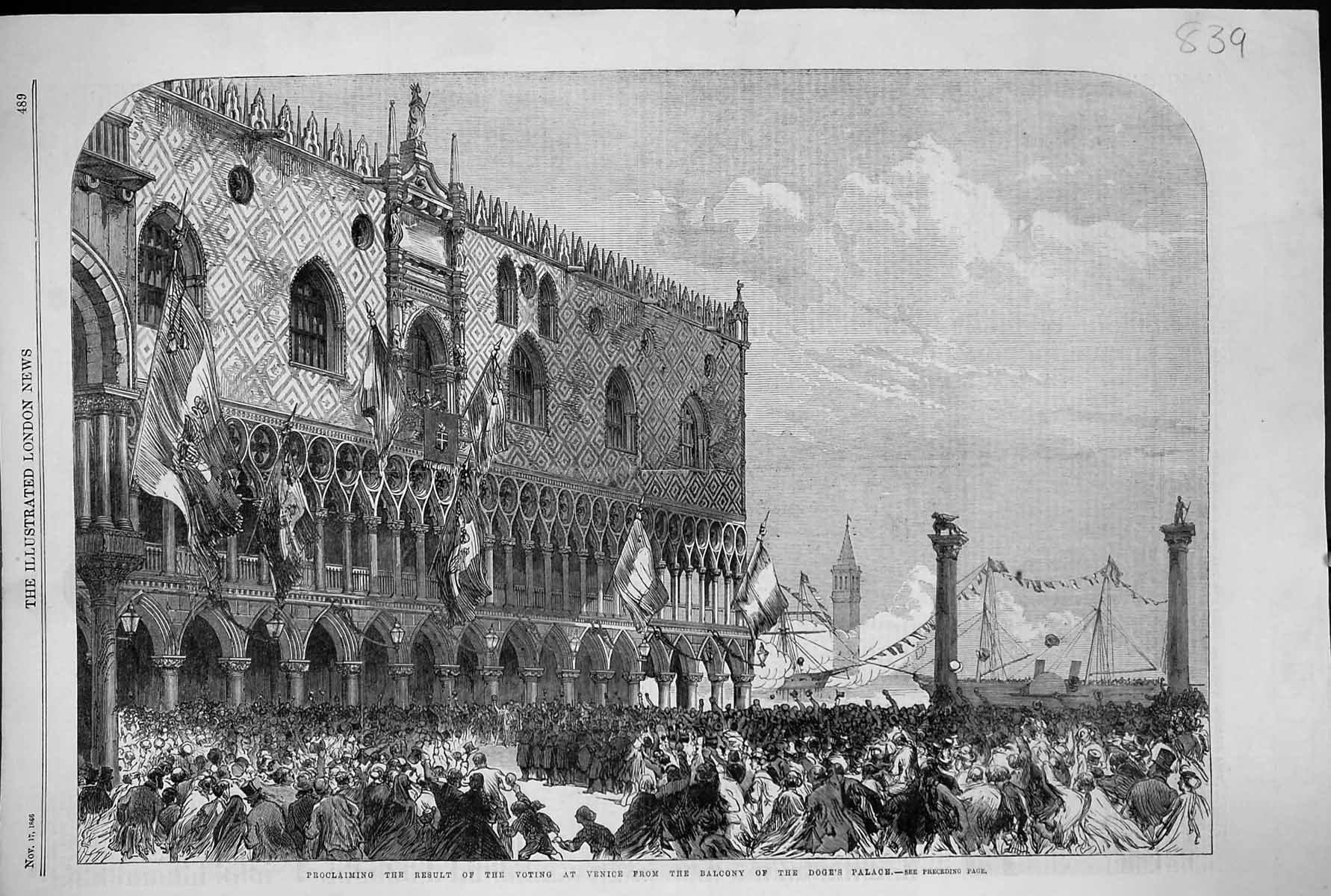 Old 1866 Proclaiming Result Voting Venice Balcony Doge'S Palace Ships Victorian