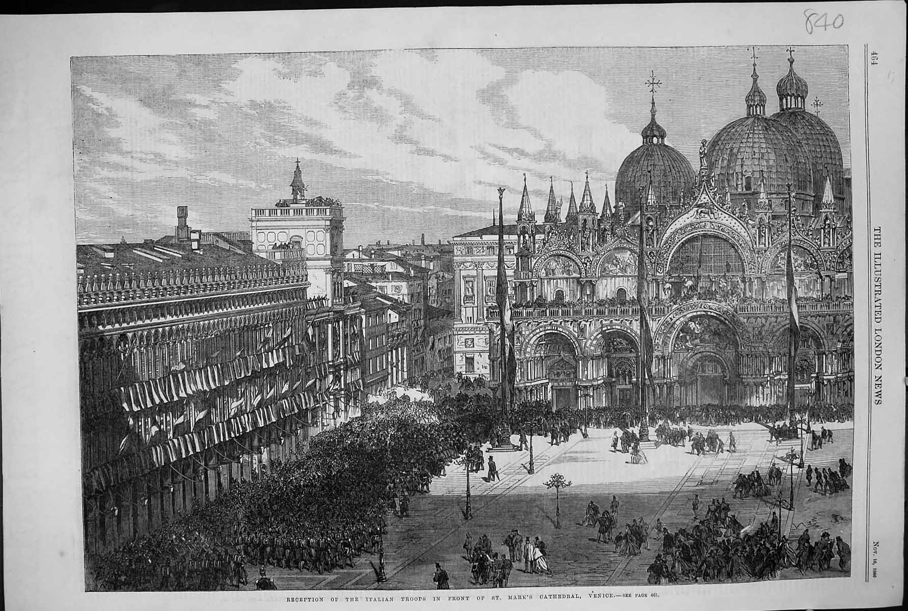 Old Print 1866 Reception Italian Troops St. Mark'S Cathedral Siers Archi 19th