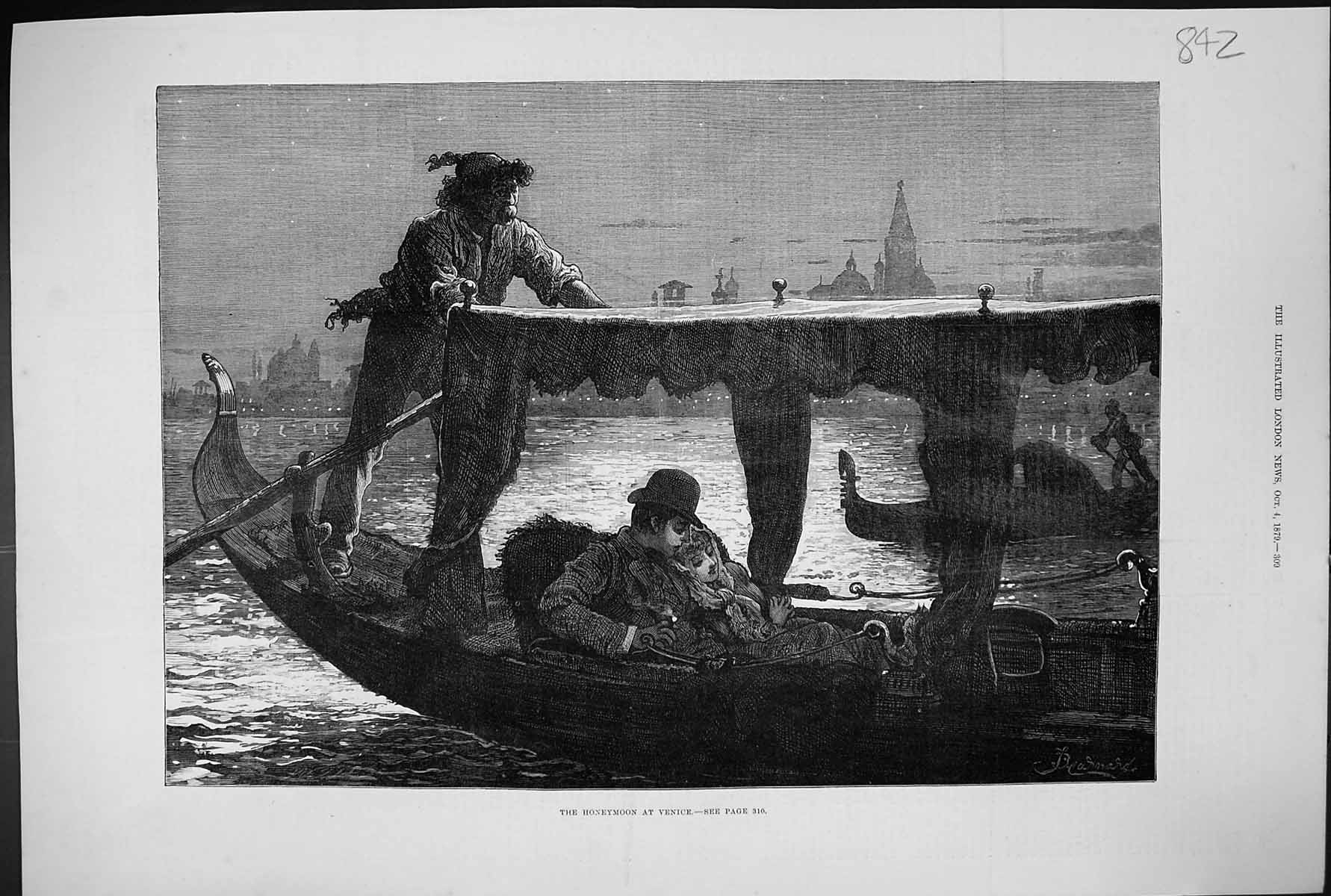 Old Antique Print 1879 Honeymoon Venice Romance Italy Gondolas Fine Art 19th