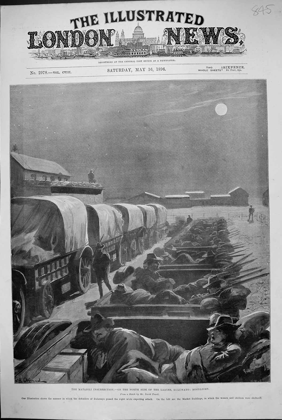 Original Old Antique Print 1896 Matabili Insurrection Laager Buluwayo Moonlight