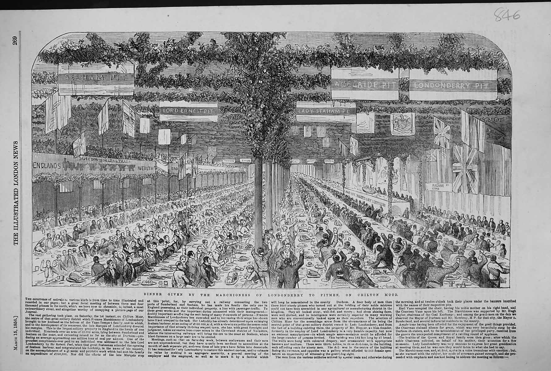 Old Antique Print 1856 Dinner Marchioness Londonderry Pitmen Chilton Moor 19th