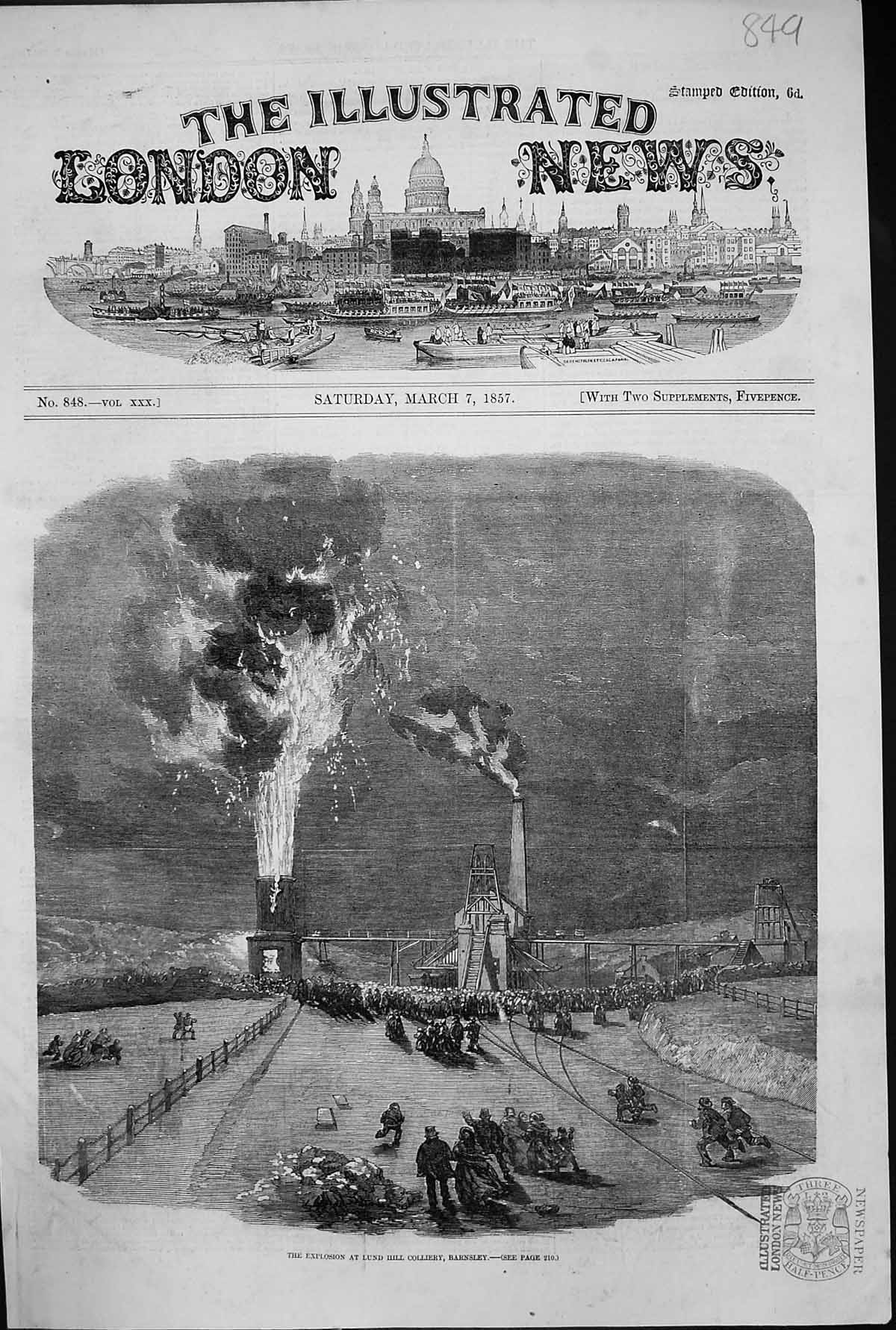 Old Antique Print 1857 Explosion Lund Hill Colliery Barnsley Coal Mining 19th