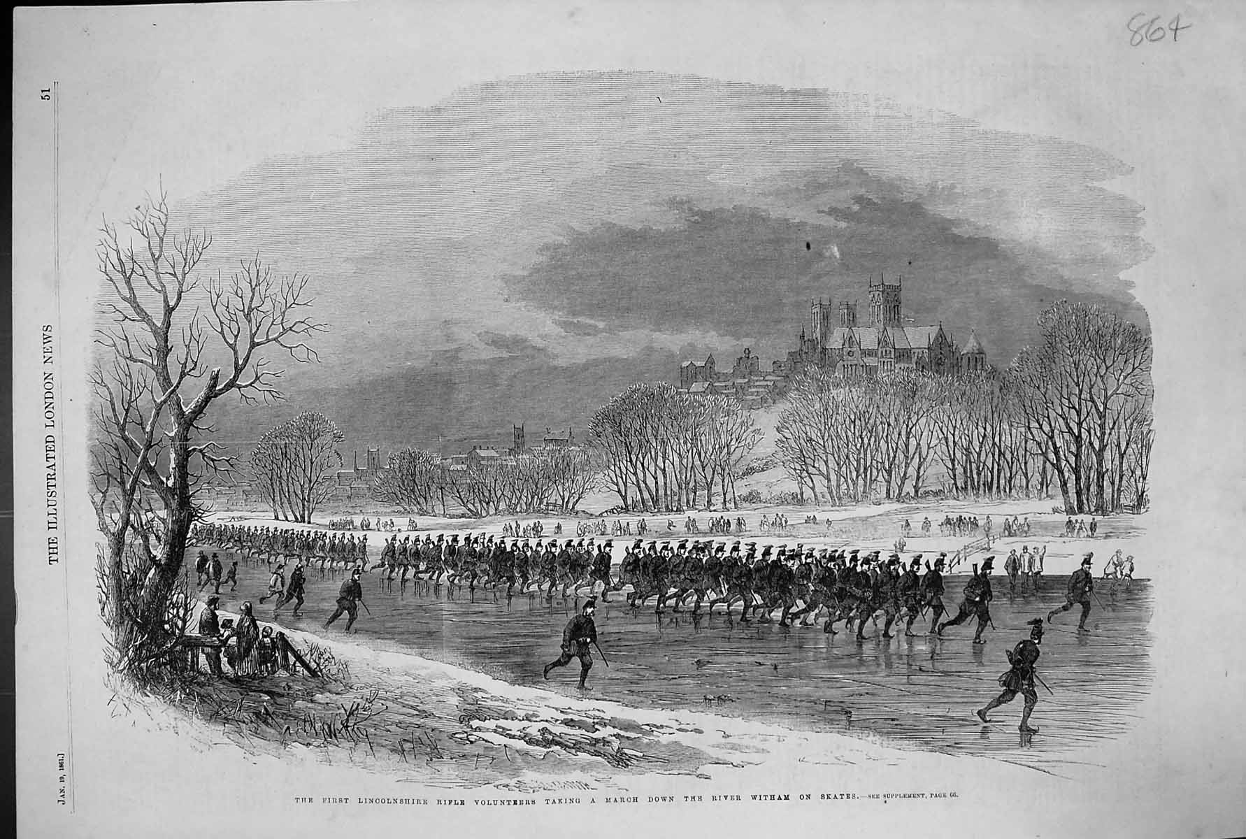 Old 1861 Lincolnshire Rifle Volunteers Marching River Witham Ice Skat Victorian