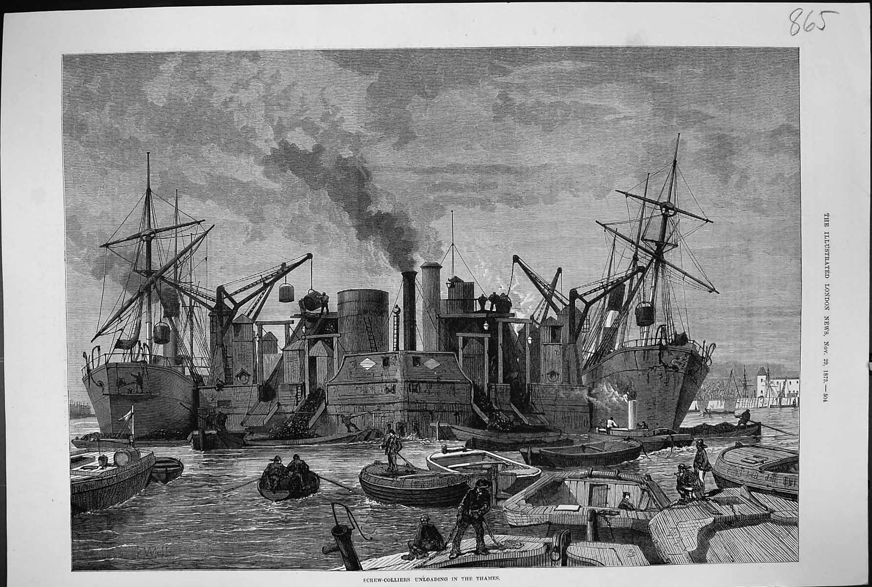 Old Antique Print 1873 Screw Colliers Unlading Ships Boats River Thames 19th