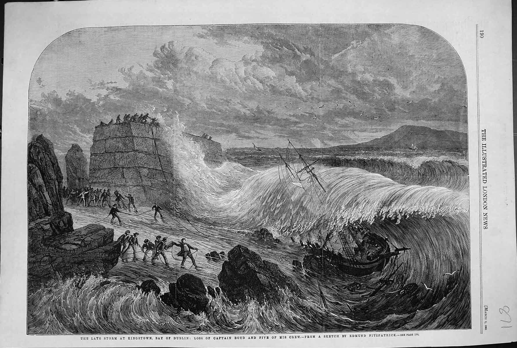 Old Print 1861 Storm Kingstown Bay Dublin Loss Captain Boyd Ship Fine Art 19th