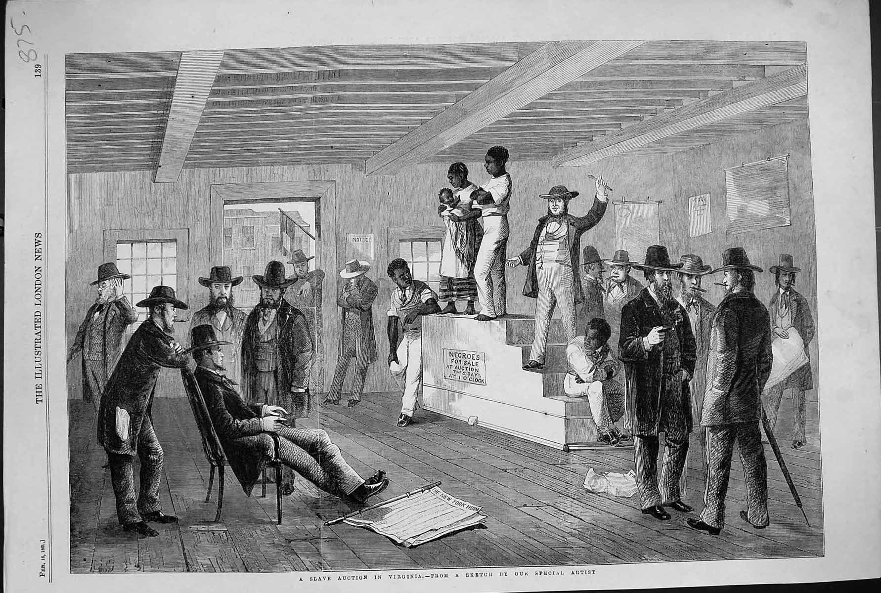 Original Old Antique Print 1861 Scene Slave Auction Virginia Negroes Sale 19th