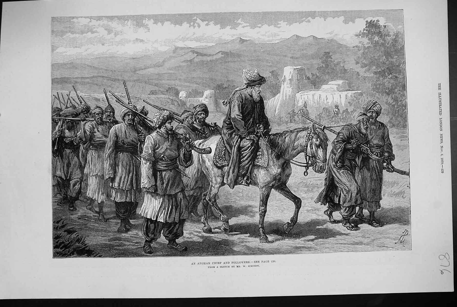 Old Antique Print 1879 Afghan Chief Followers Men Horse Weapons Simpson 19th