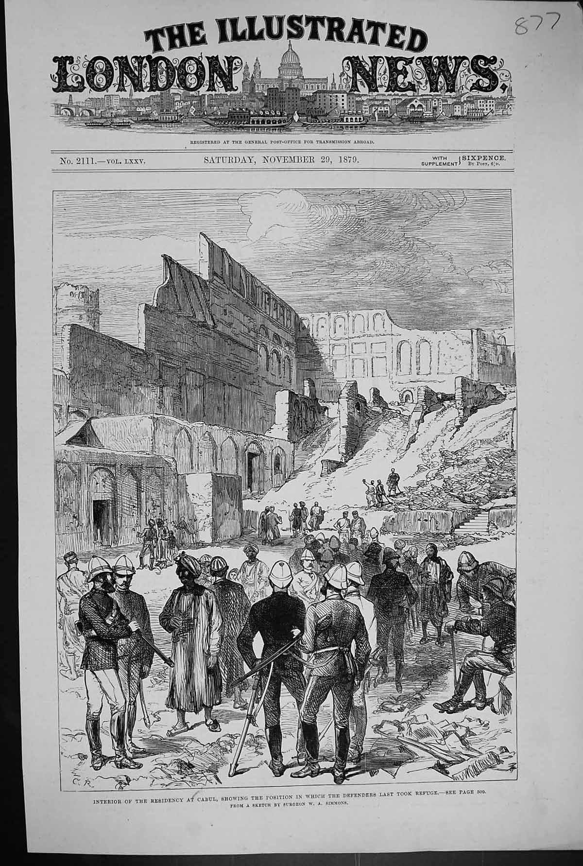 Old Print 1879 Interior Residency Cabul Position Defenders Rufuge War Si 19th