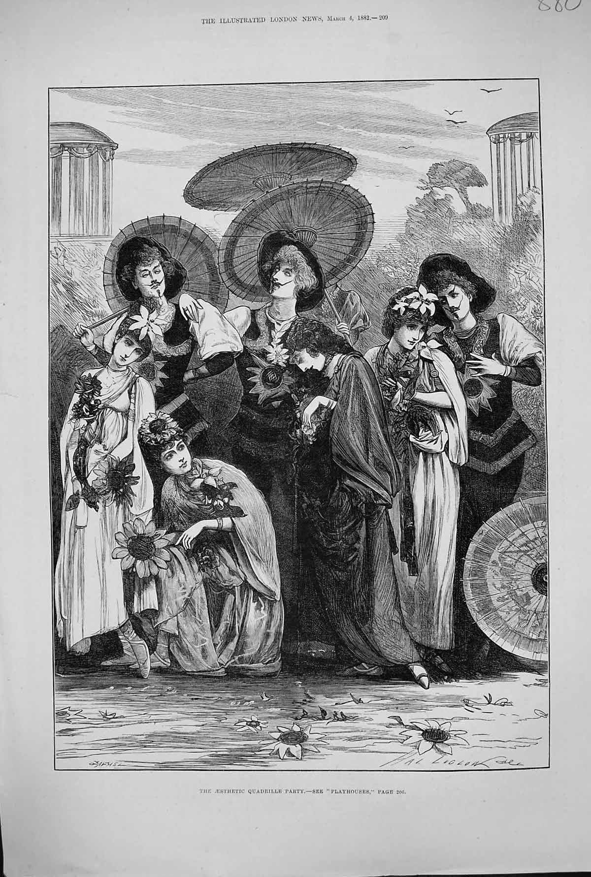 Old 1882 Aesthetic Quadrille Party Ladies Costumes Dresses Umbrellas Victorian
