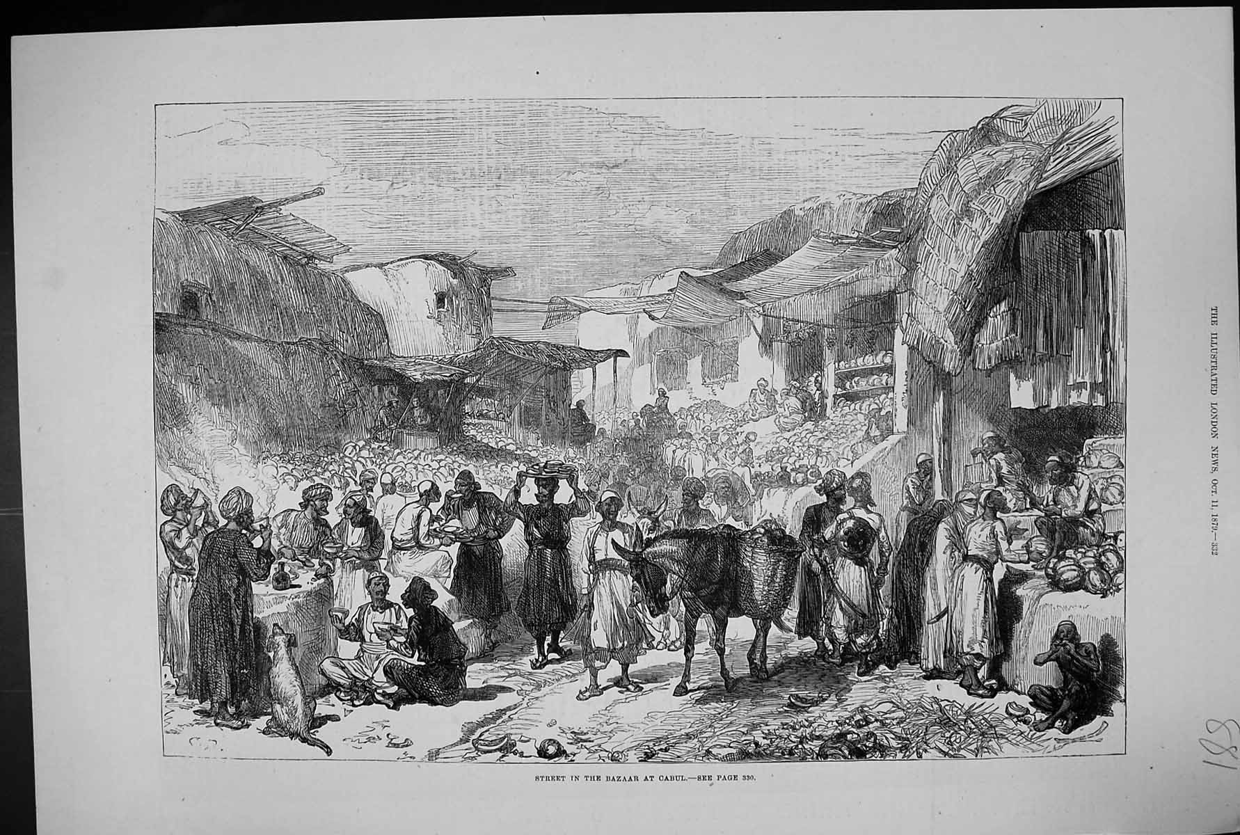 Original Old Antique Print 1879 Street Scene Bazaar Cabul Afghanistan Market