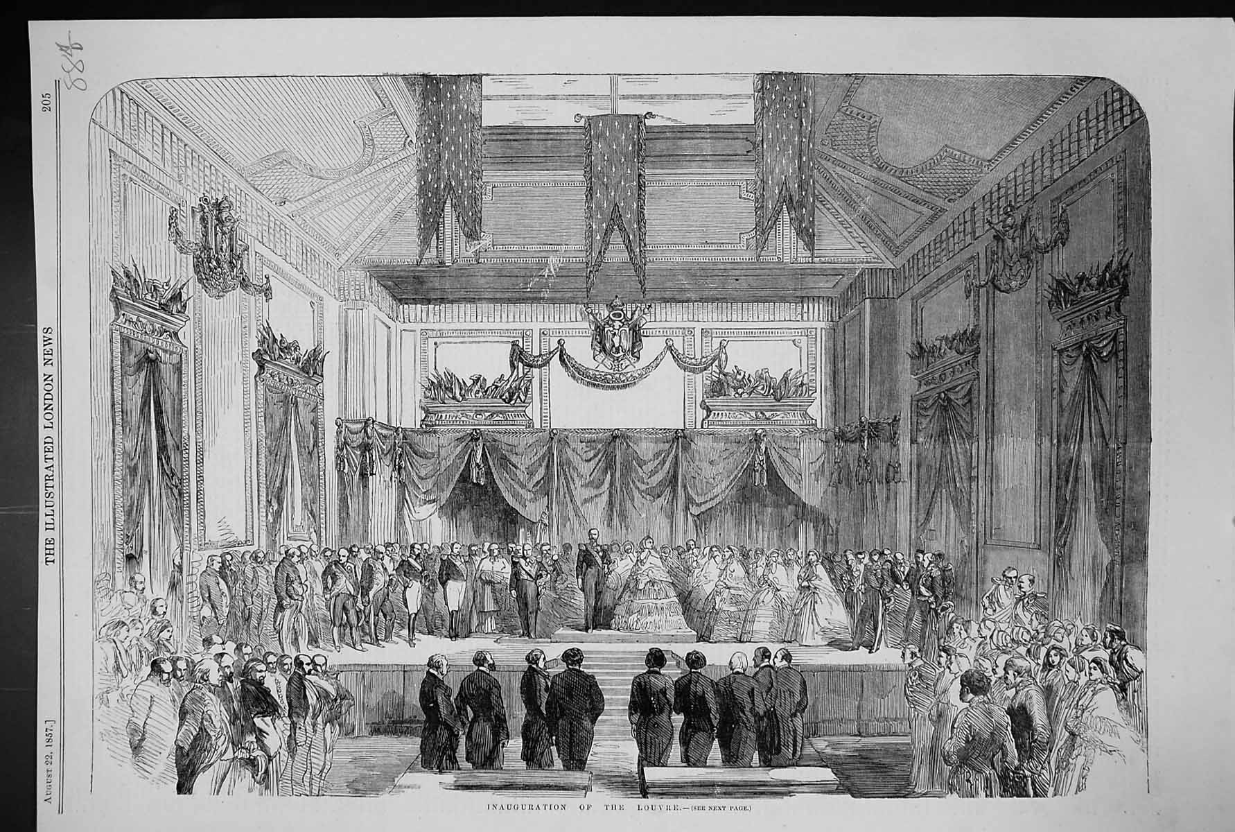 Original Old Antique Print 1857 Scene Inauguration Louvre Paris France 19th
