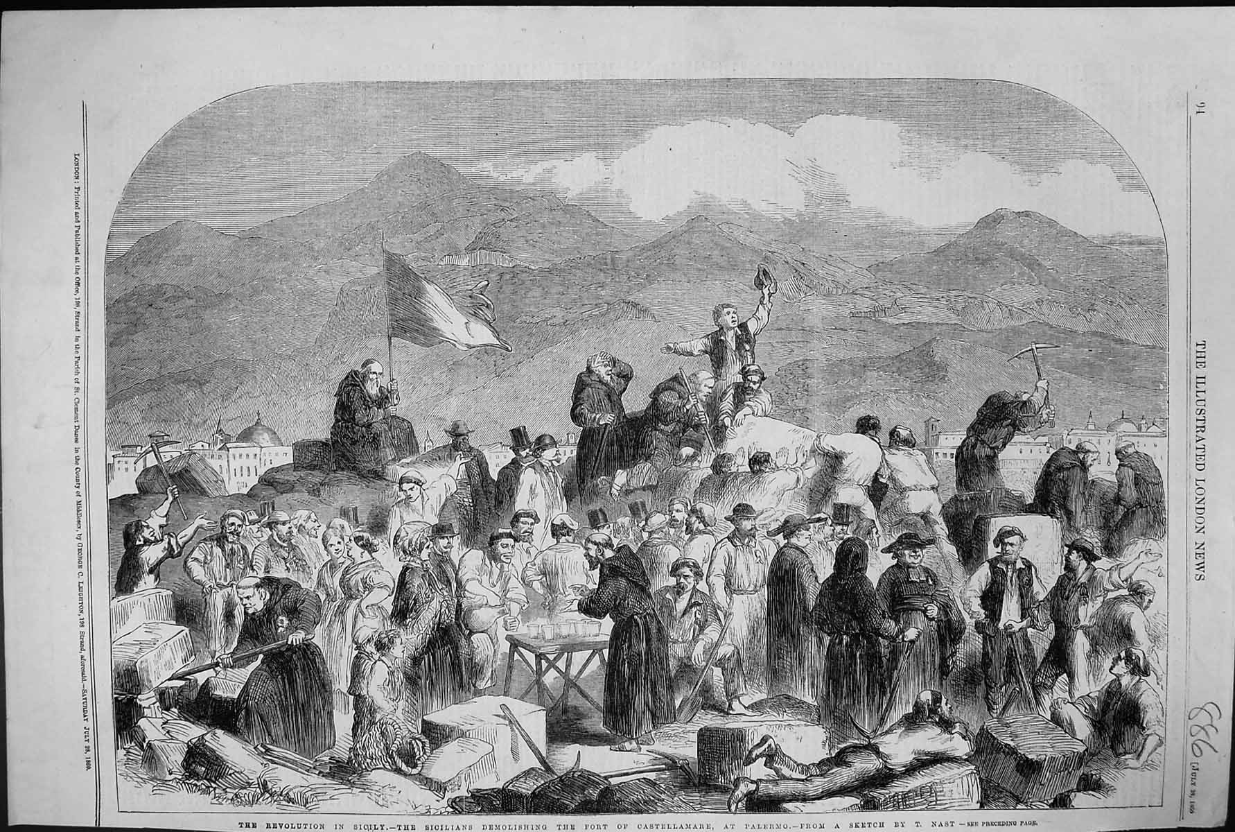 Old 1860 Revolution Sicily Sicilians Demolishing Fort Castellamare Pa Victorian