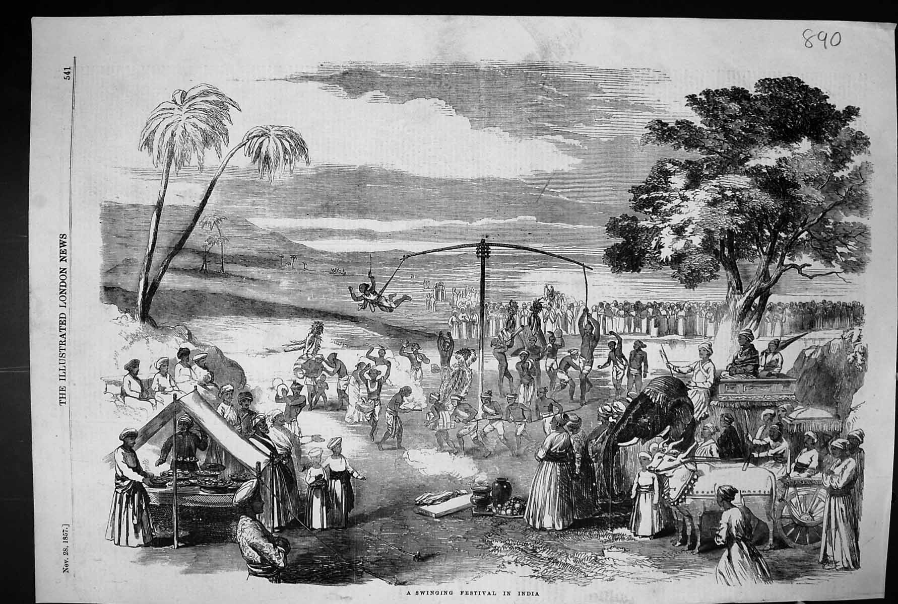 Old 1857 Scene Swinging Festival India Men Ladies Swing Entertainment Victorian