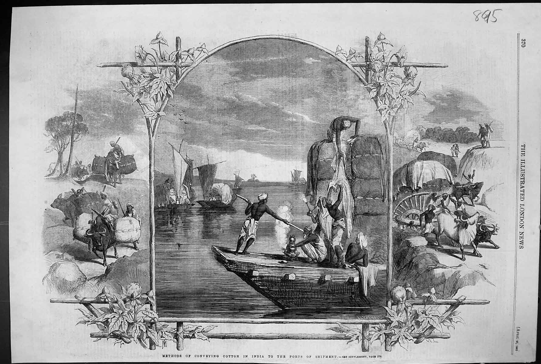 Antique Old Print 1861 Methods Conveying Cotton India Boats Ports Shipment 19th