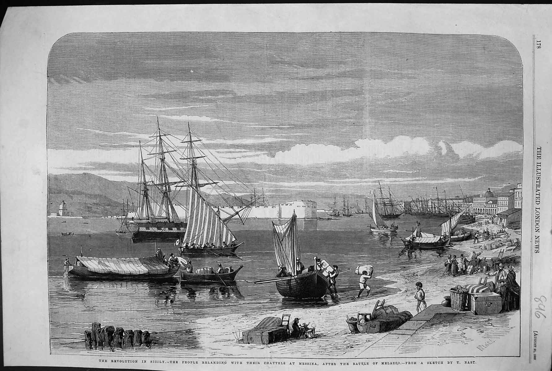 Old 1860 Revolution Sicily Ships Boats Chattels Messina Battle Melazz Victorian
