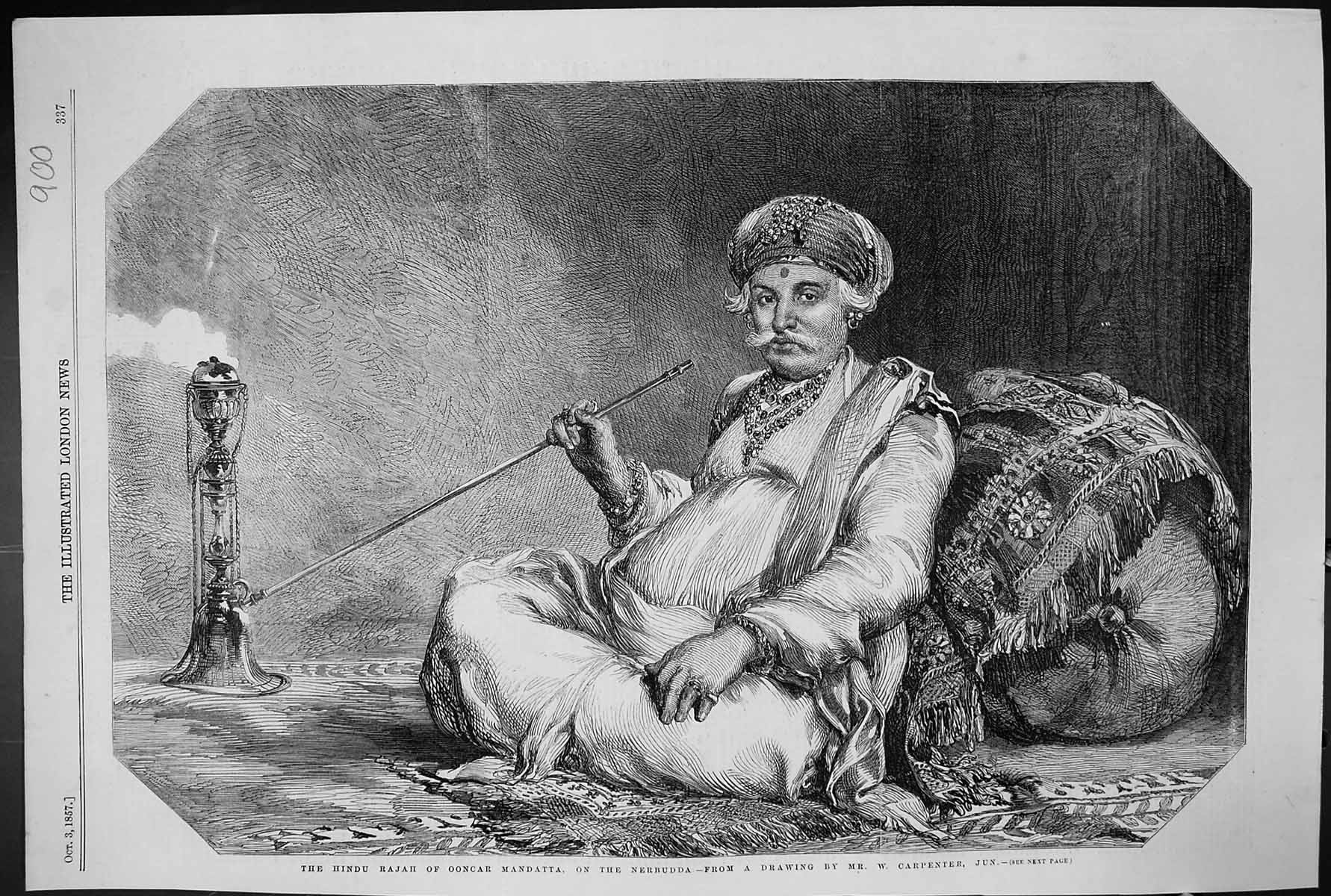 Antique Print 1857 Portrait Hindu Rajah Ooncar Mandatta Nerbudda Carpenter 19th