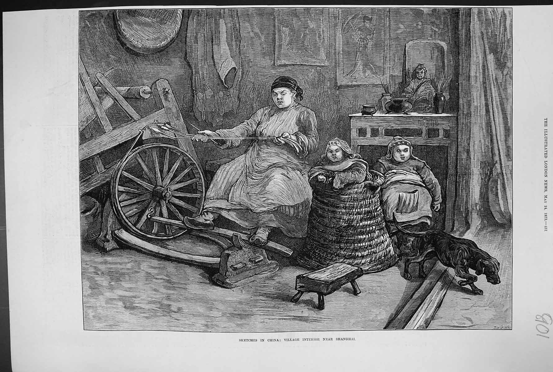 Old Print 1873 Fine Art China Scene Village Interior Shanghai Family Home 19th