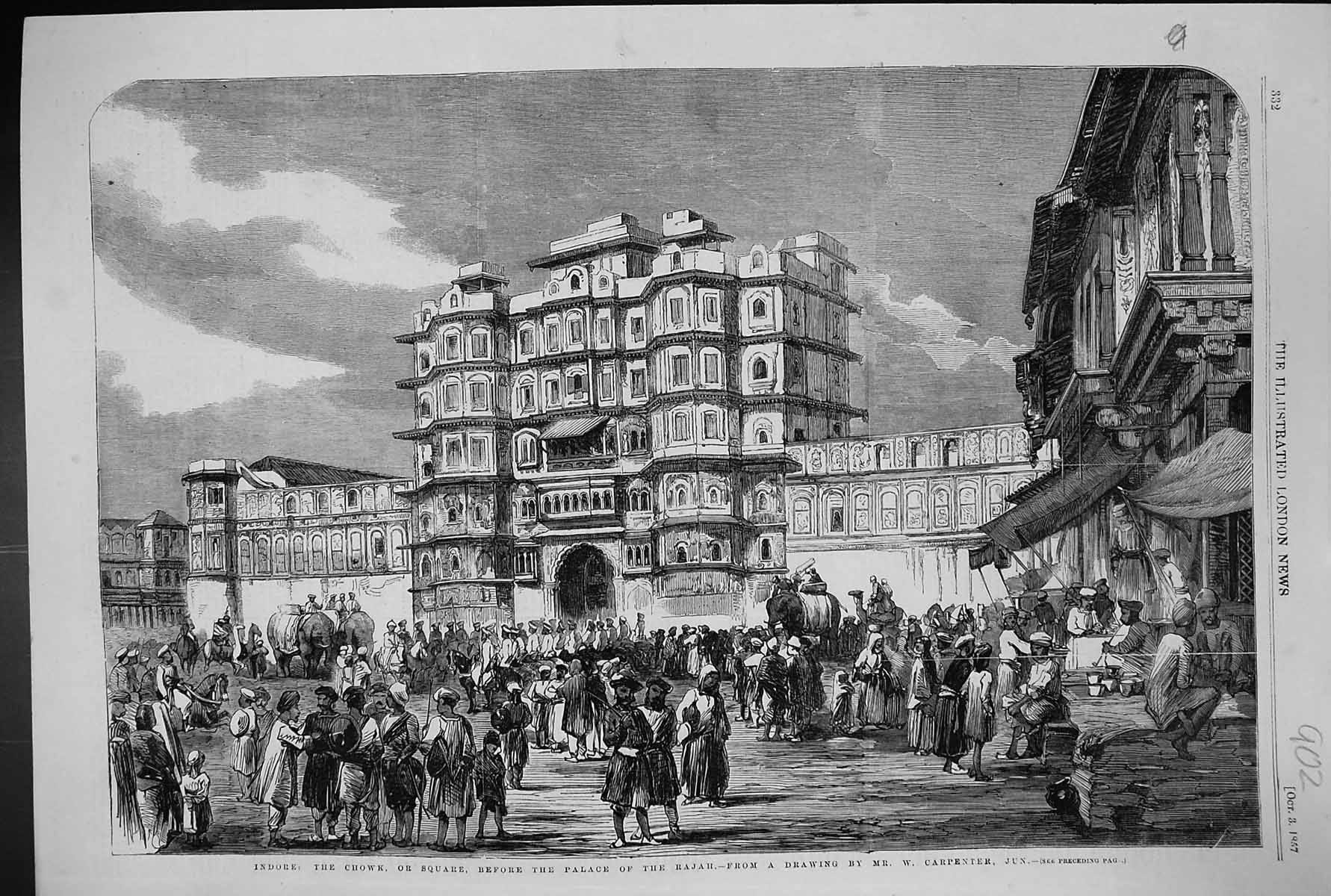 Antique Print 1857 Indore Chowk Square Palace Rajah Street Scene Carpenter 19th