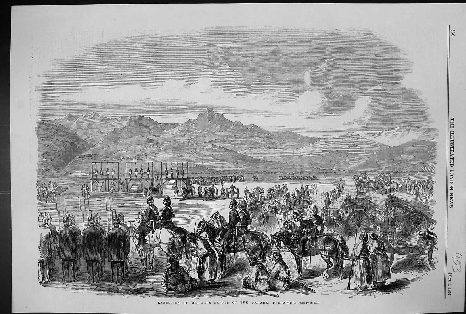 Old Print 1857 Scene Execution Mutinous Sepoys Parade Peshawur Horses Si 19th