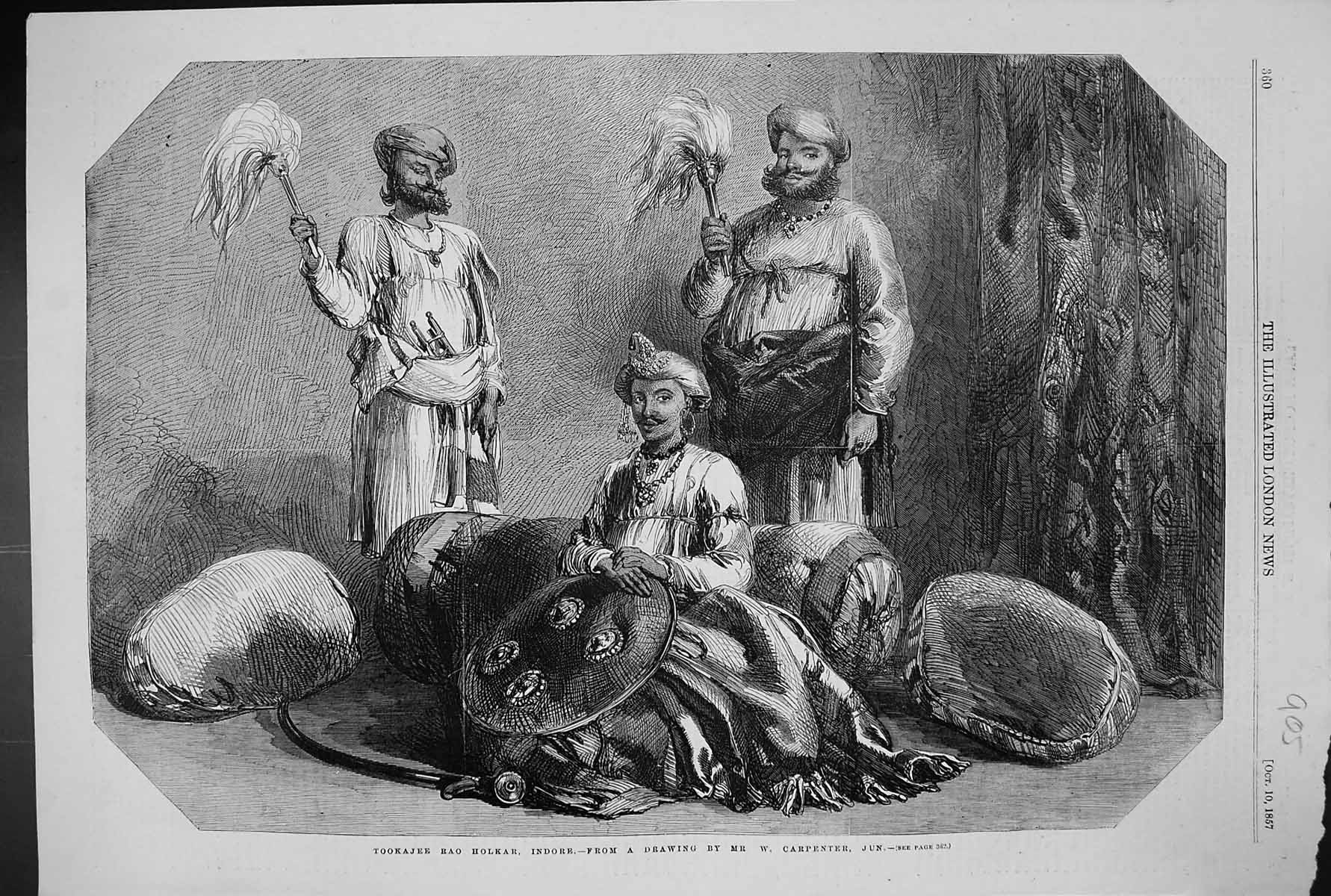 Original Old Antique Print 1857 Tookajee Rao Holkar Men Carpenter Victorian