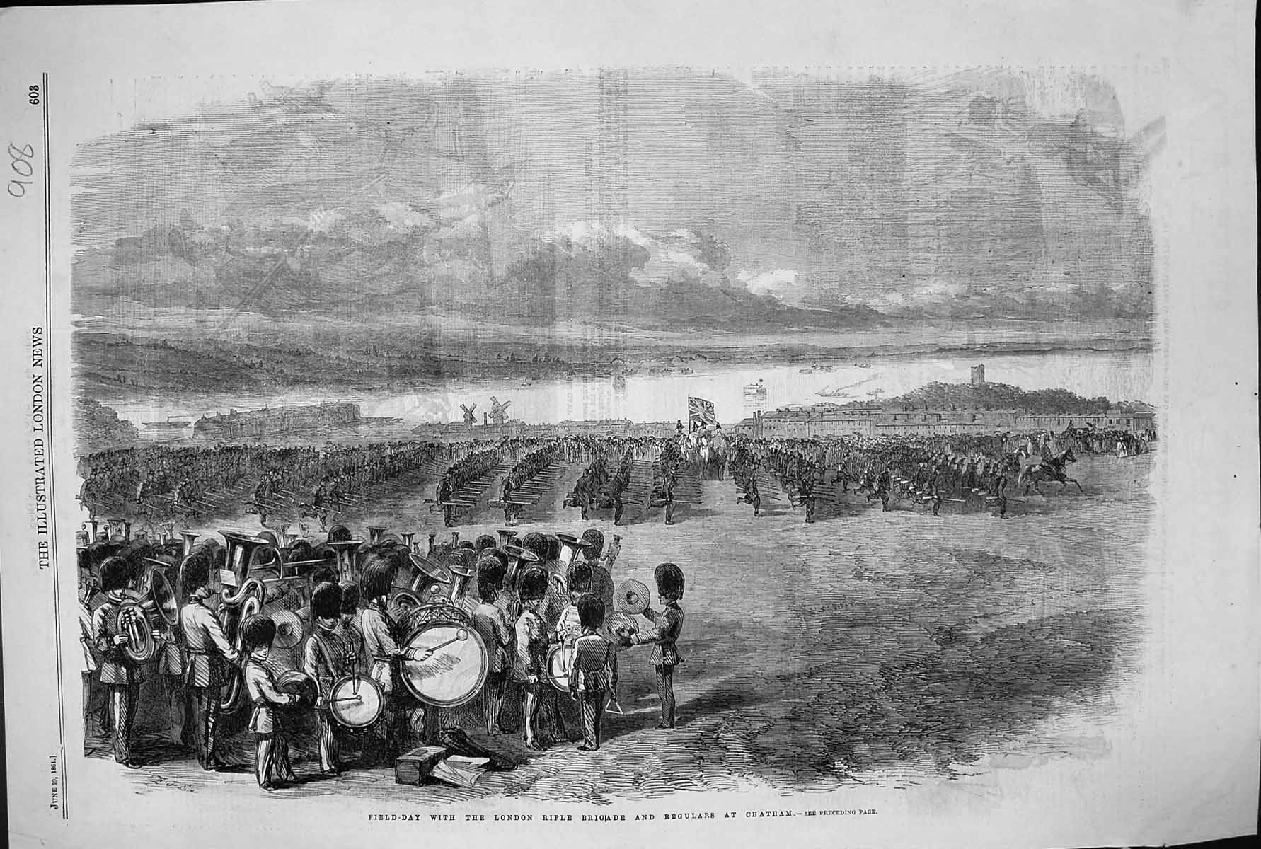 Old Print 1861 Field-Day London Rifle Brigade Regulars Chatham War Siers 19th