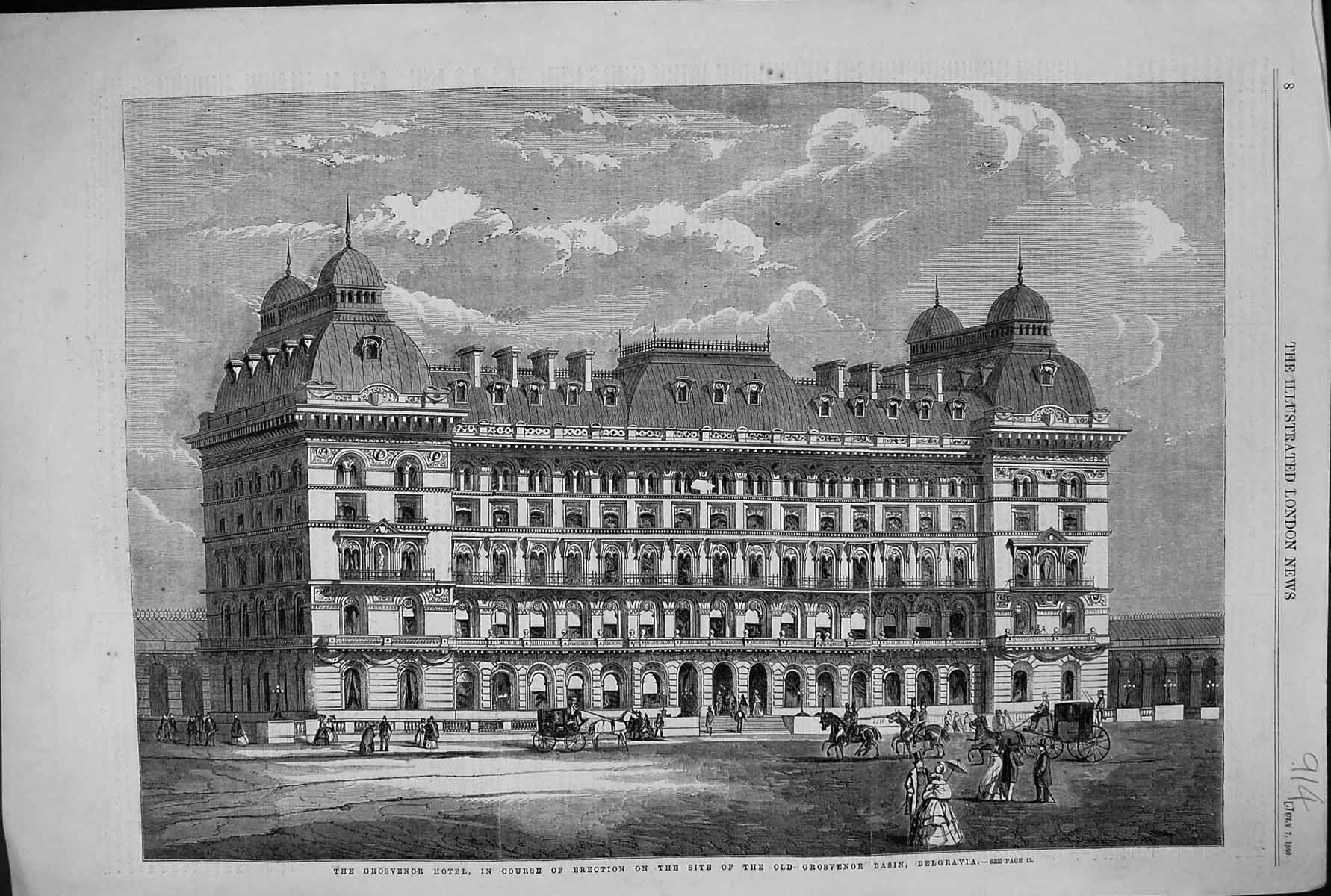 Old Print 1860 Grosvenor Hotel Erection Site Basin Belgravia Architecture 19th