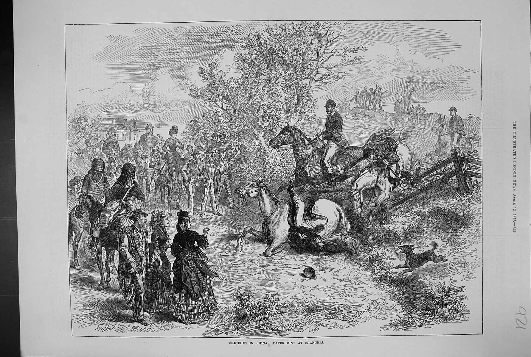 Antique Old Print 1873 Scene China Paper-Hunt Shanghai Sport Horses Jumping