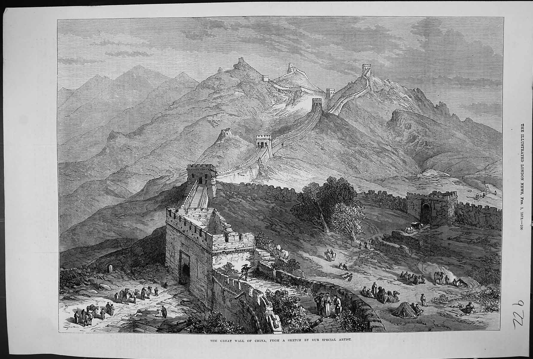 Original Old Antique Print 1873 Bird'S Eye View Great Wall China Wonder World
