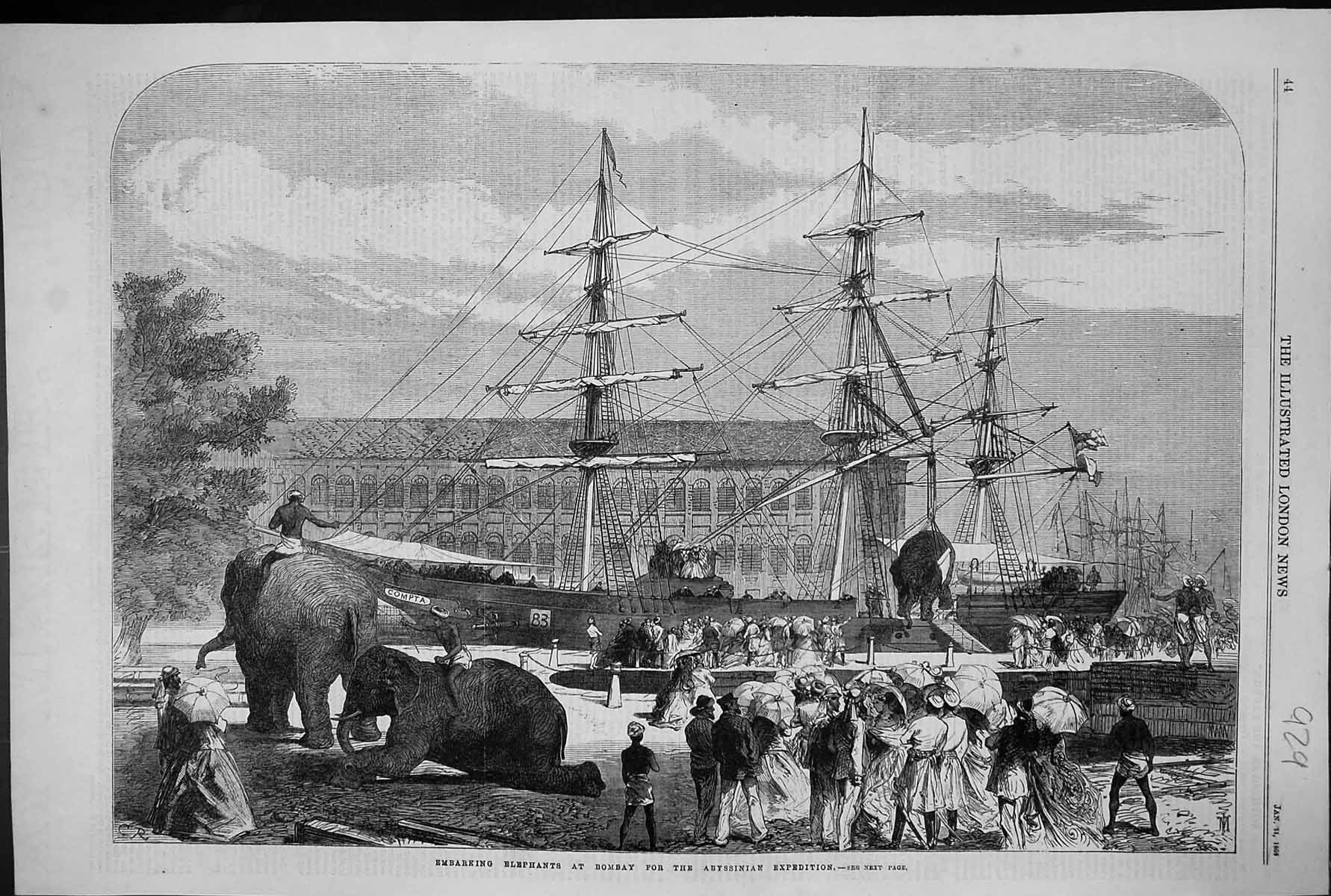 Old 1868 Embarking Elephants Bombay Abyssinian Expedition Ships Trans Victorian