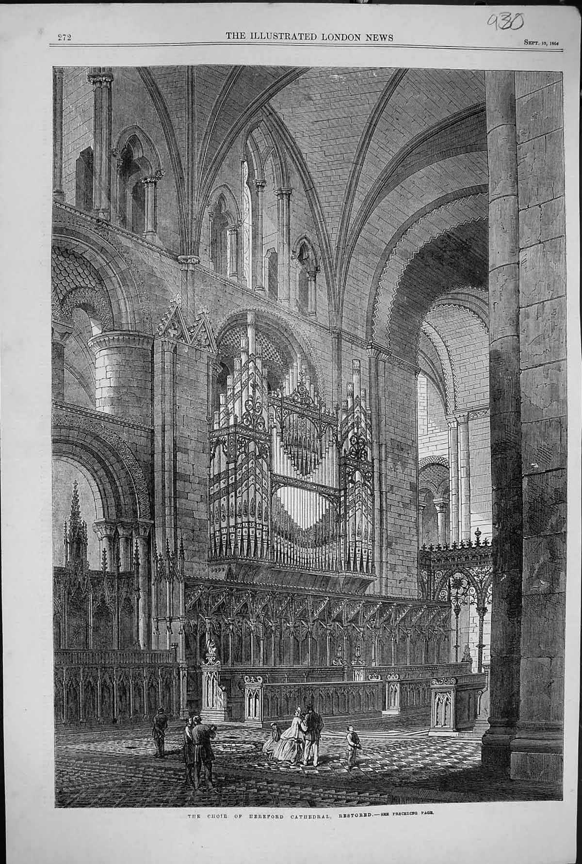 Original Old Antique Print 1864 Interioe Choir Hereford Cathedral Architecture