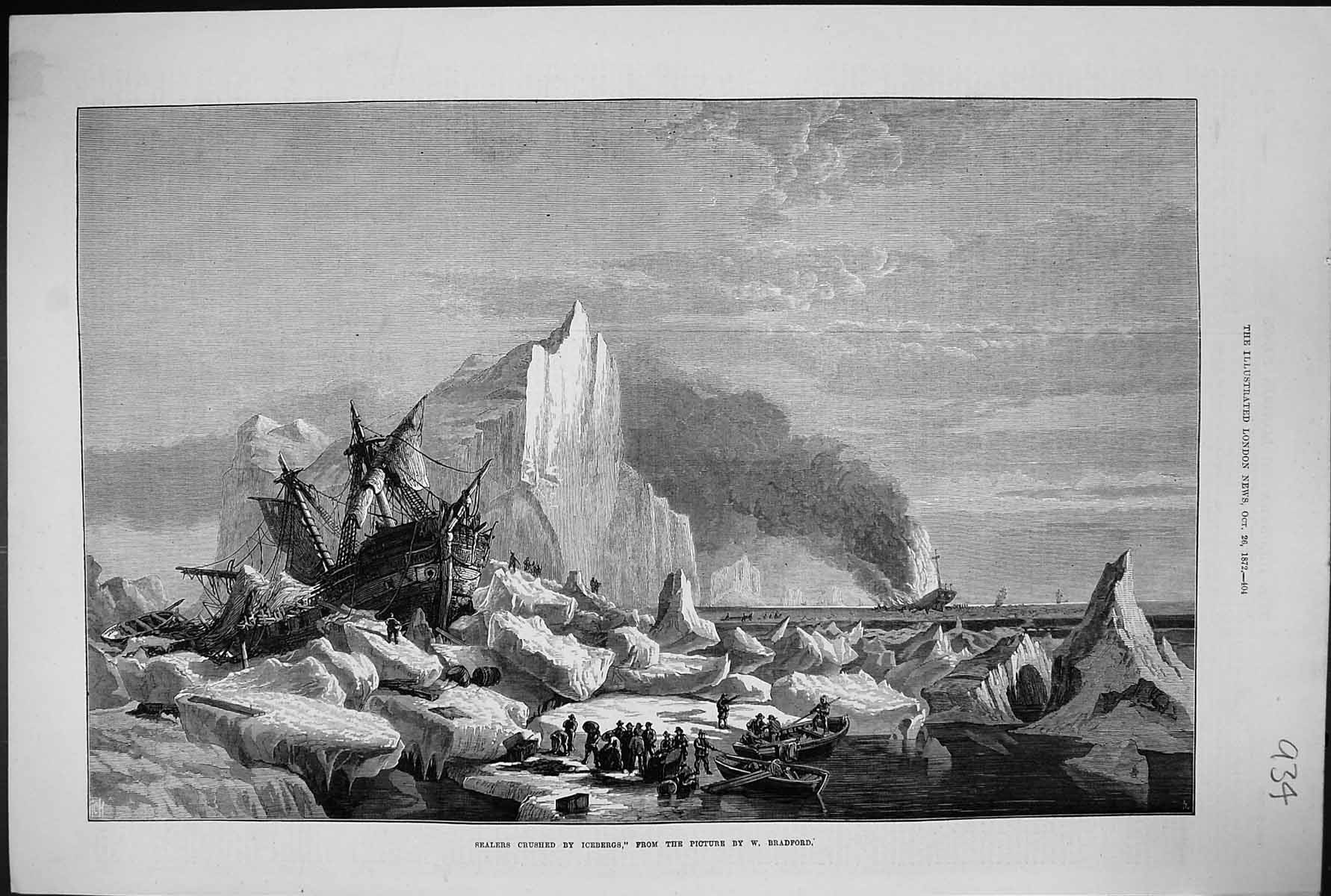 Old 1872 Seal Hunting Sealers Crushed Icebergs Ships Boats Bradford F Victorian