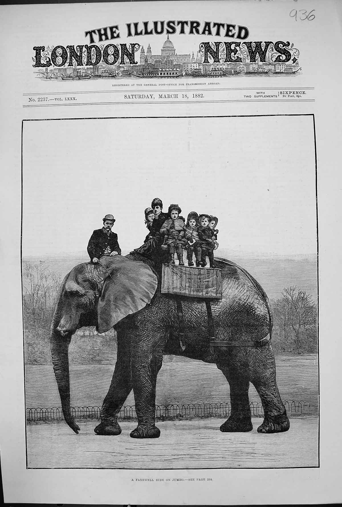 Original Old Antique Print 1882 Children Farewell Ride Jumbo Elephant Victorian