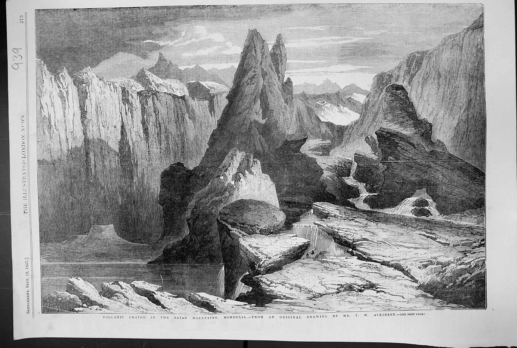 Old Antique Print 1857 Volcanic Crater Saian Mountains Mongolia Atkinson 19th