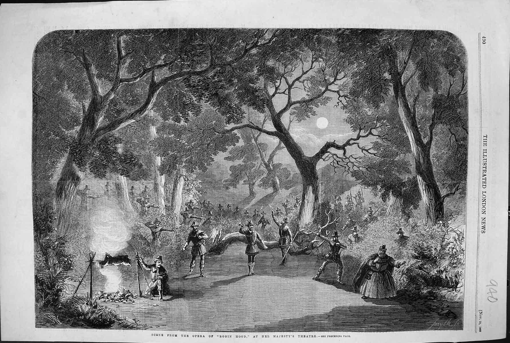 Old Print 1860 Moonlight Forest Scene Opera Robin Hood Majesty'S Theatre 19th
