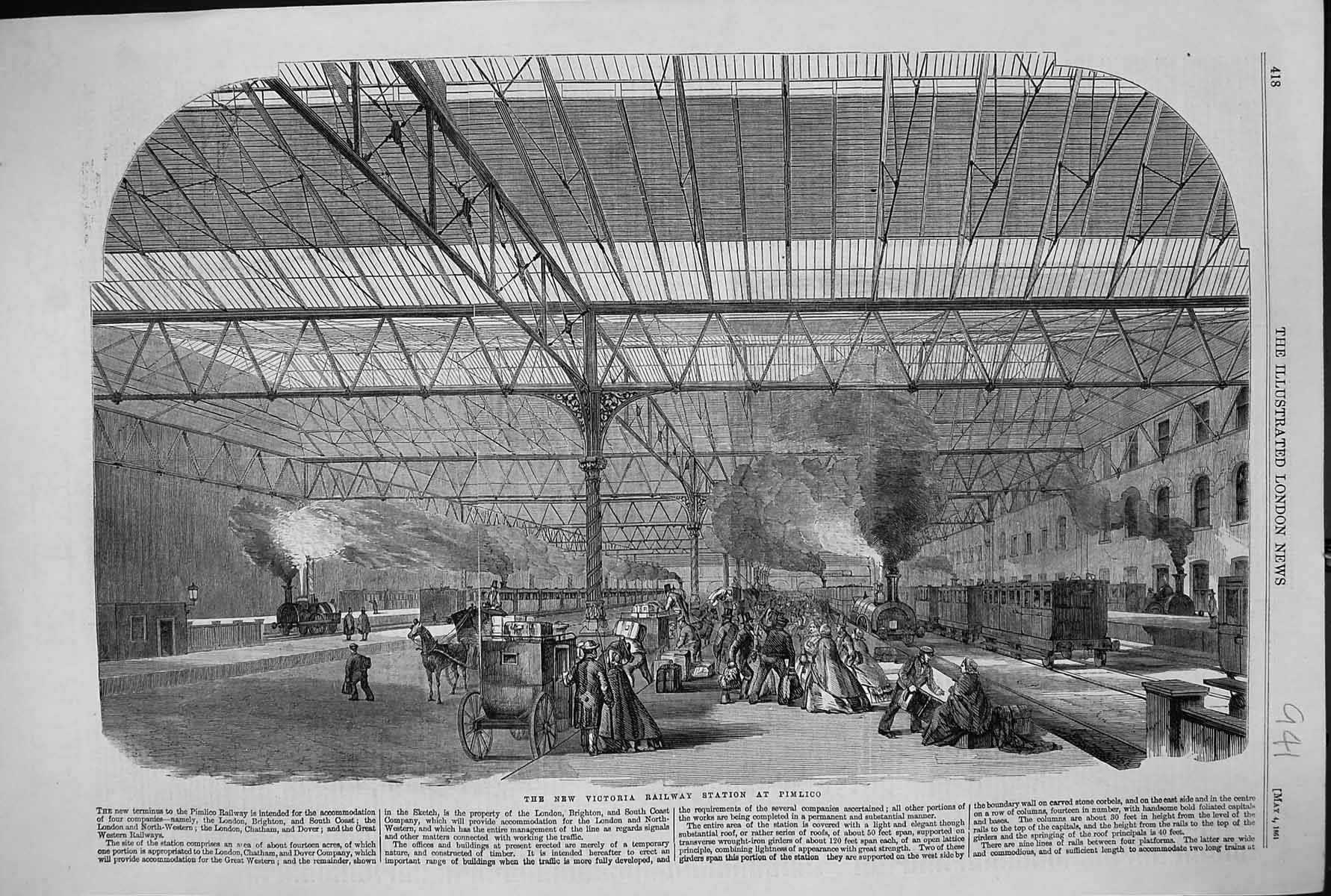 Old Antique Print 1861 Victoria Railway Station Pimlico Train Transport 19th