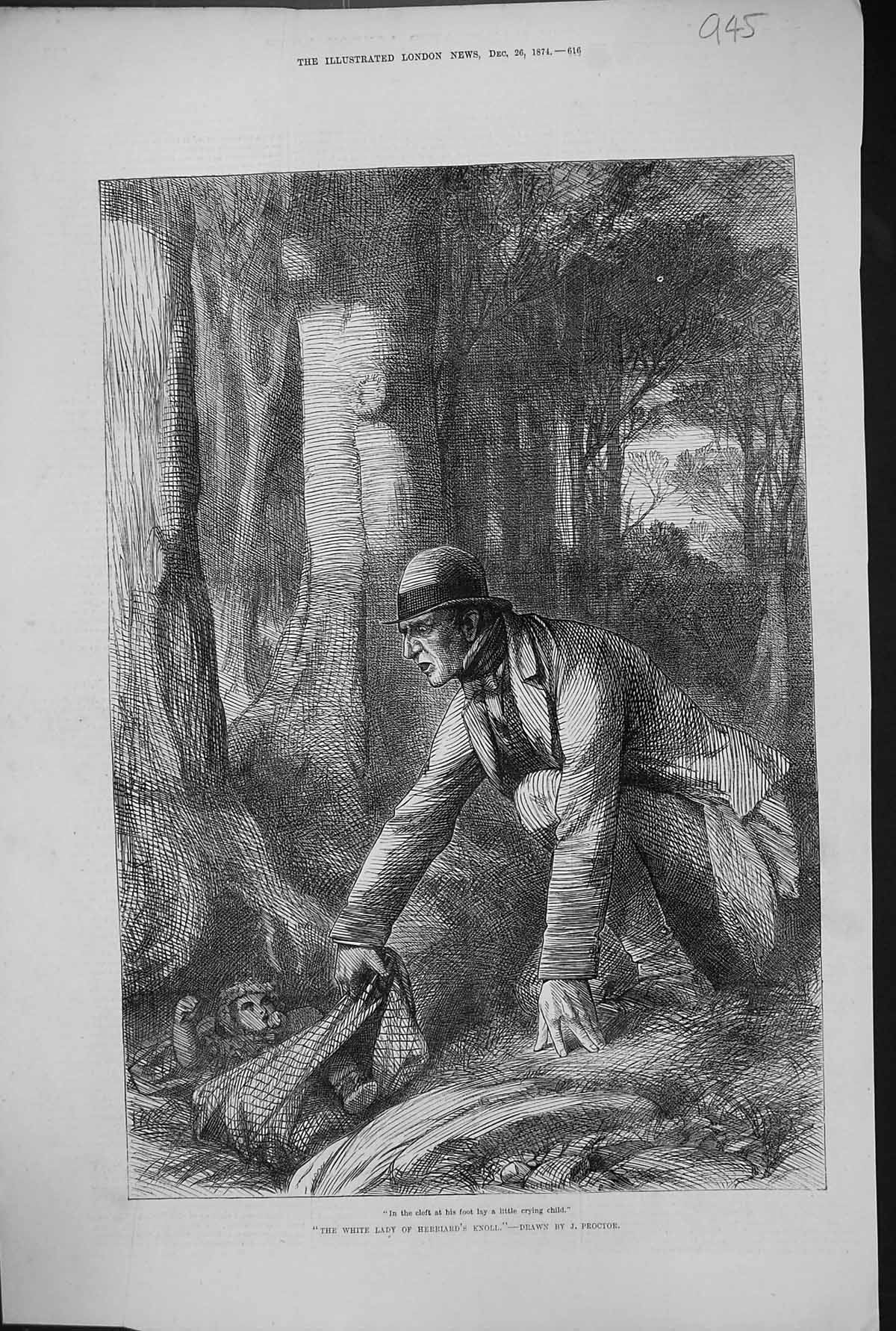Antique Old Print 1874 White Lady Herriard Knoll Crying Child Woods Proctor