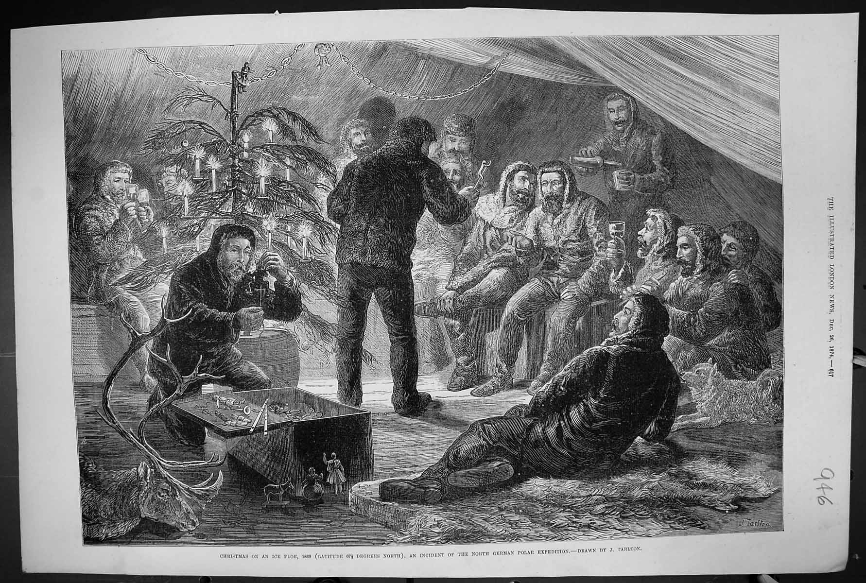 Old Print 1874 Christmas Ice Floe North German Polar Expedition Tree Men 19th