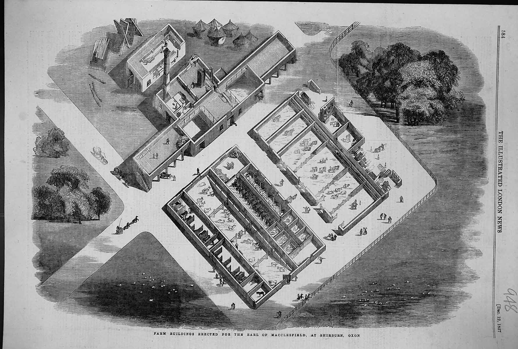 Old 1857 Bird'S-Eye View Farm Buildings Erected Earl Macclesfield Shi Victorian