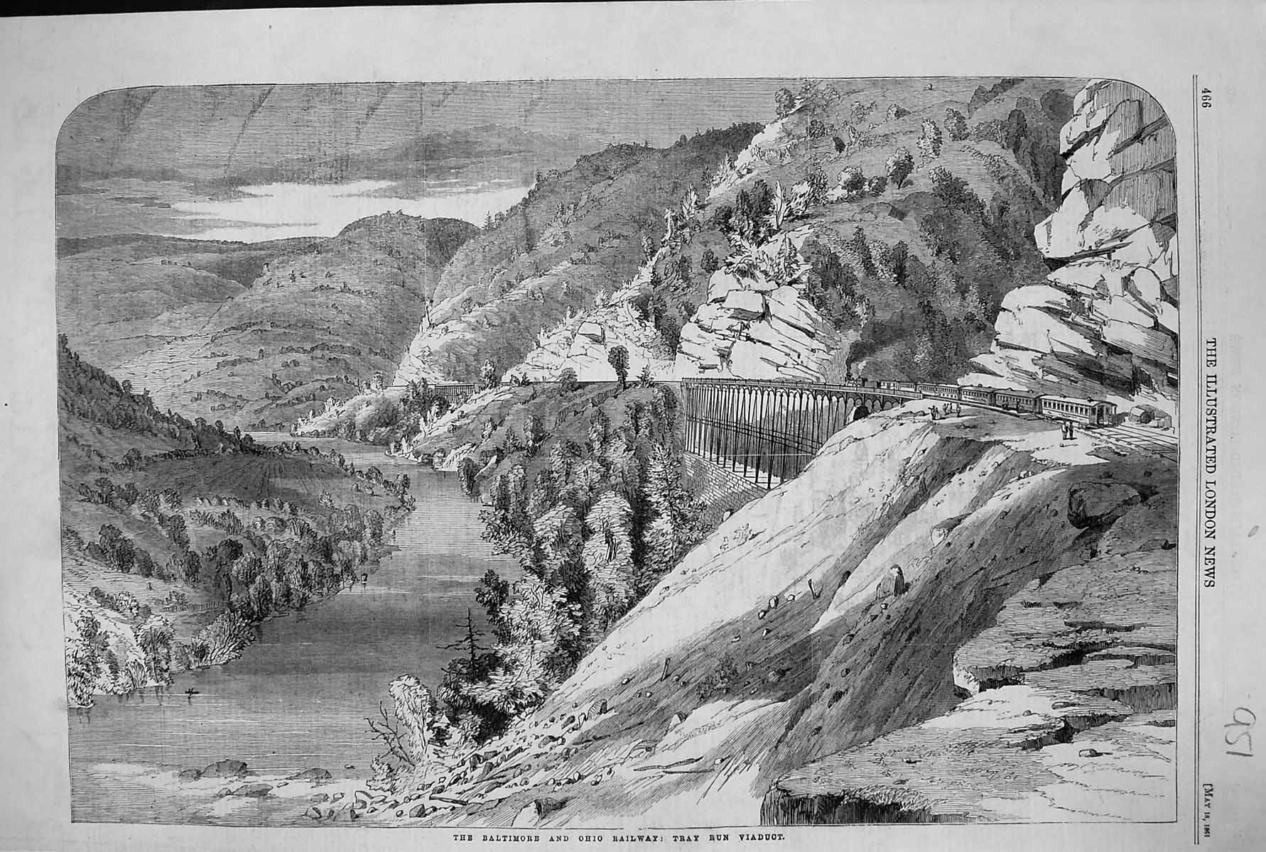 Old 1861 View Baltimore Ohio Railway Train Tray Run Viaduct Mountains Victorian