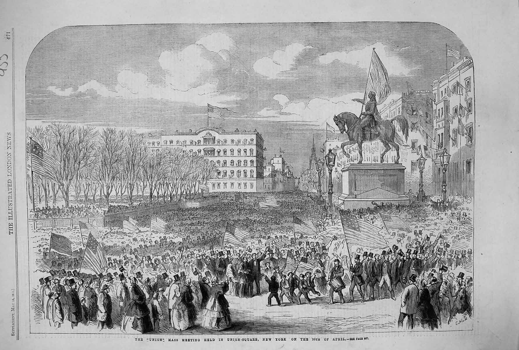 Old Antique Print 1861 Union Mass Meeting Union Square New York America 19th