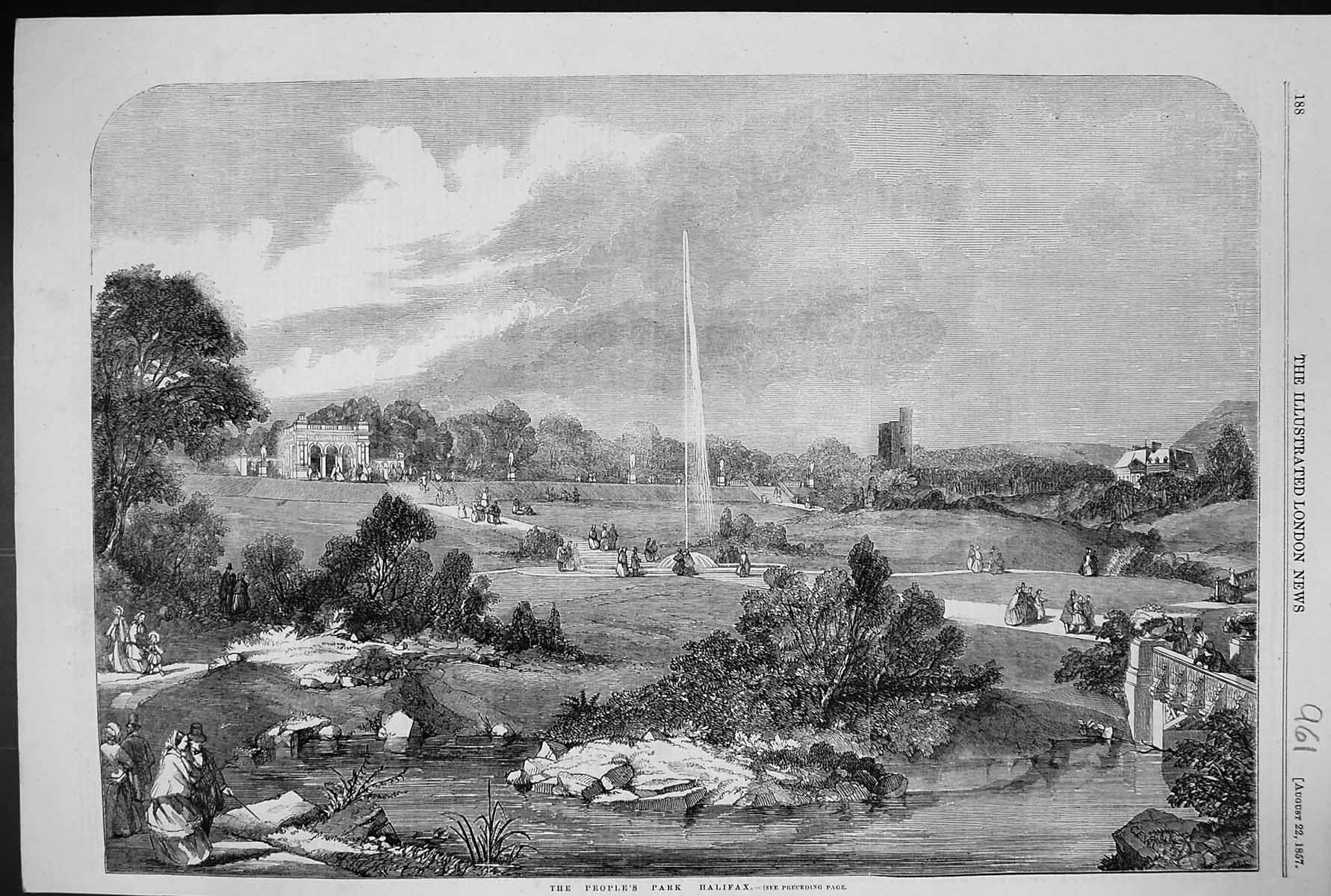 Original Old Antique Print 1857 View People'S Park Halifax England Fountain