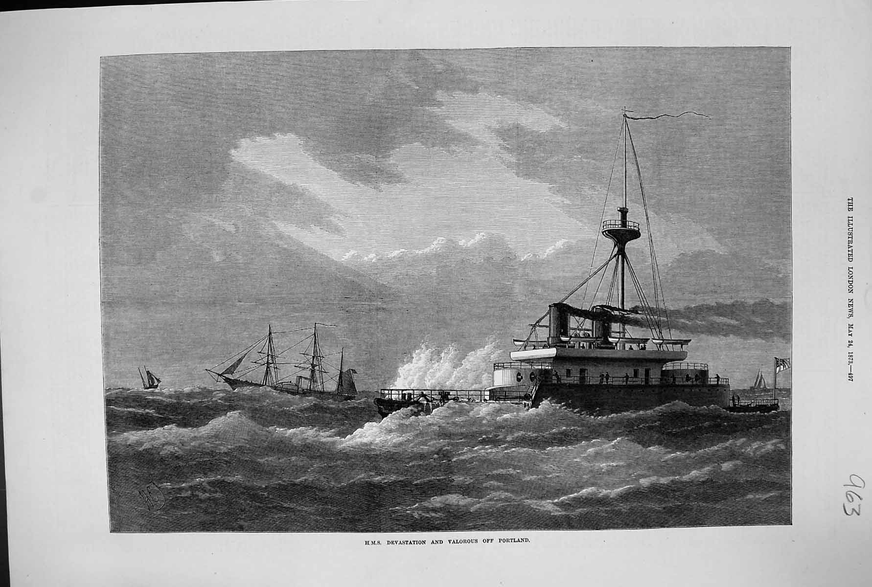 Antique Old Print 1873 War Ship H.M.S. Devastation Valorous Portland Fine Art