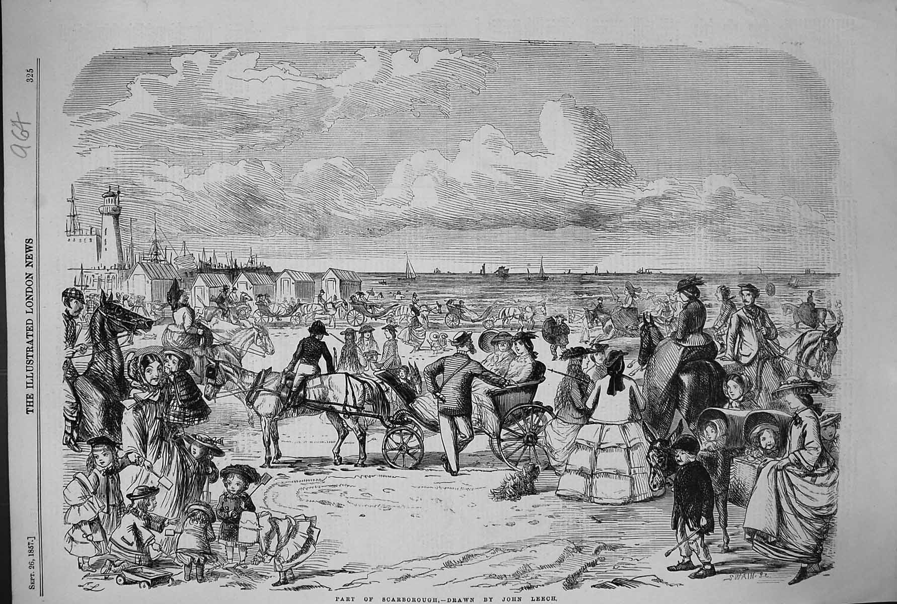 Old 1857 View Scarborough Beach Sea Scene Horses Carriage Lighthouse Victorian