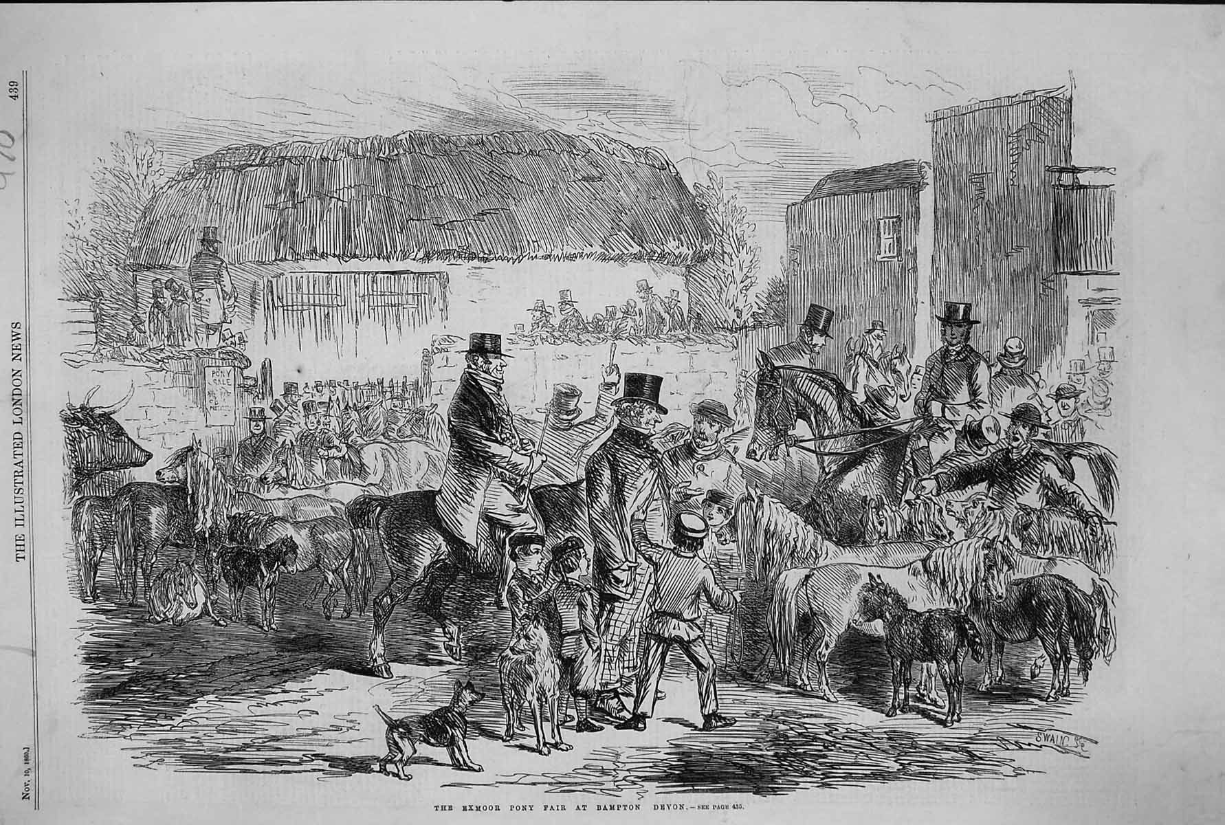 Antique Old Print 1860 Scene Exmoor Pony Fair Bampton Devon England Horses 19th